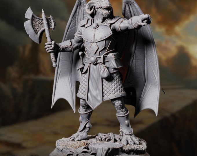 Dragonic Soldier Mini | Winged Dragonborn Fighter with Axe Miniature | By Primal Collectibles