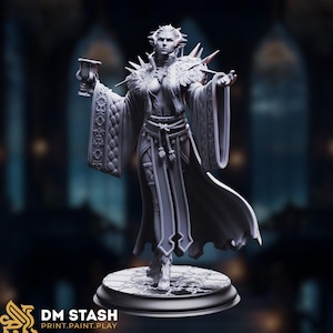 May include: A gray fantasy figurine of a regal figure holding a chalice, wearing a detailed gown with a fur collar and spiky shoulder accents. The figure stands on a round base with a decorative pattern. The text "DM STASH PRINT.PAINT.PLAY" is visible.