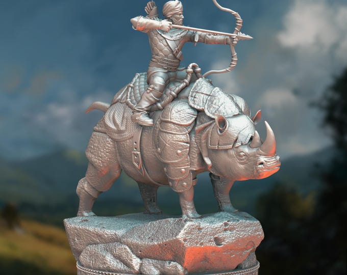 Mounted Ranger Mini | Armored Rhino Rider Miniature | Archer Hero on Exotic Beast Mount