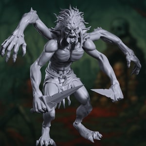 May include: A grey, detailed, 3D printed miniature of a monstrous creature with four arms, sharp claws, and a fierce expression. The creature is holding a dagger in one hand and has a sharp, pointed object in another hand.