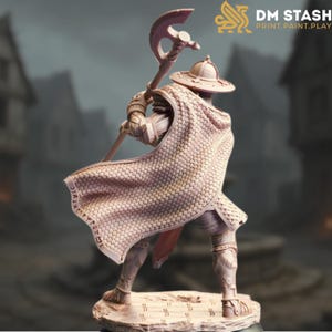 May include: A miniature figurine of a warrior wearing armour and a cloak with runes. The warrior is holding a large axe and is standing on a base.