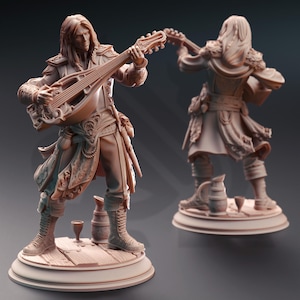 May include: A detailed miniature figurine of a bard playing a lute. The figure is wearing a long coat with intricate details and is standing on a wooden base.