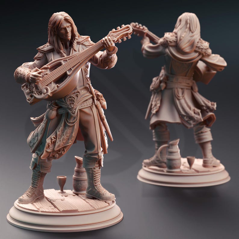 May include: A detailed miniature figurine of a bard playing a lute. The figure is wearing a long coat with intricate details and is standing on a wooden base.