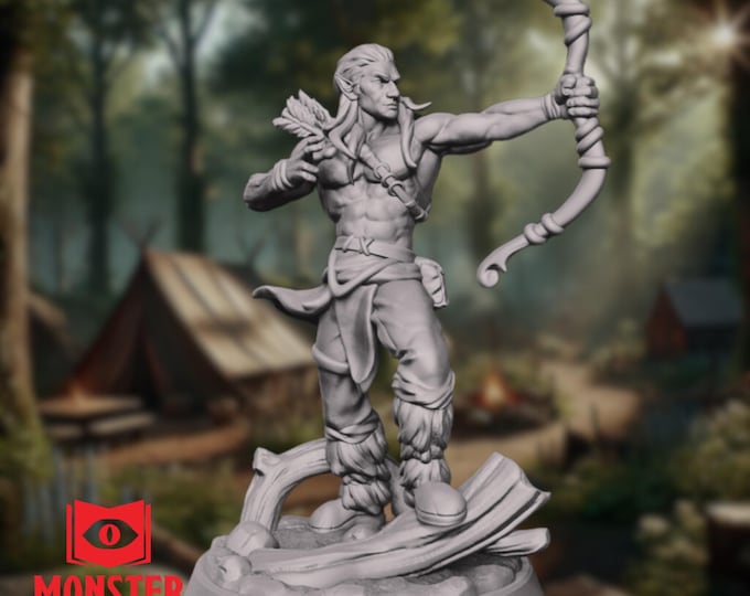 Male Wood Elf Ranger Mini | Elven Marksman with Longbow Miniature For Tabletop Roleplaying Games | By Monster Atlas