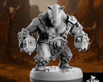 Rhinofolk Barbarian Miniature | Beastfolk Rhino Fighter Enemy NPC or Hero for Feywild, or Humblewood-like Settings | By Claudio Casini Arts