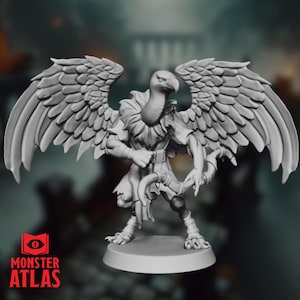 May include: A grey painted miniature figurine of a humanoid creature with a vulture head and wings. The creature is holding a staff in its right hand and a rope in its left hand. The figurine is standing on a round base.