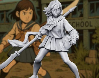 Schoolgirl Slayer with Polearm Mini | Teen Survivor Fighter Heroine Miniature for Modern Apocalypse RPGs | By Vaultz
