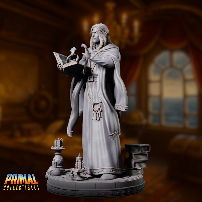 Side view of the elven wizard miniature reveals flowing robes with layered textures and a sweeping mane of hair. His open book appears etched with magical runes, and the pose evokes power restrained by precision.