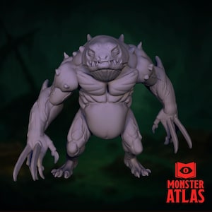 May include: A gray, 3D-printed monster figurine with sharp claws and spikes. The creature has a muscular torso and a reptilian-like head. The Monster Atlas logo is visible in the bottom right corner.