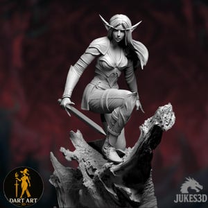 May include: A grayscale figurine of an elf warrior, poised on a textured base. The elf is clad in detailed armor and holds a sword. The figure has pointed ears and flowing hair. Logos for "DART ART 3D" and "JUKES3D" are visible.