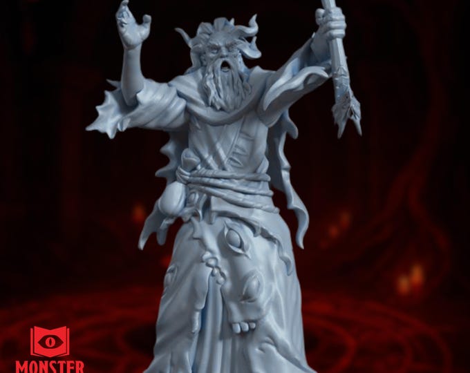 Mad Archmage Miniature | Wizard Mini with Robe of Eyes and Arcane Staff | By Monster Atlas
