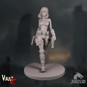 Frontal view of the survivor miniature with both pistols drawn, her expression hidden behind the mask but her stance showing determination and readiness.