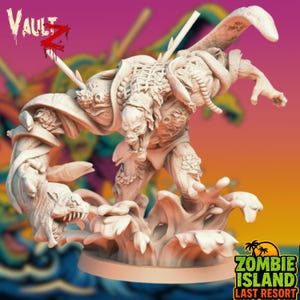 May include: An off-white figurine of a monstrous creature with multiple arms and a snarling face. The figure is posed dynamically, with a flowing, wave-like base. The text "Vault Z" and "Zombie Island Last Resort" are visible.