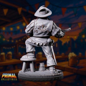 Rear view of the orc bard miniature, showing the ornate stitching on his coat and wide-brimmed feathered hat.