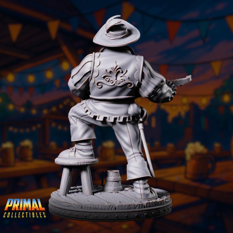 Rear view of the orc bard miniature, showing the ornate stitching on his coat and wide-brimmed feathered hat.