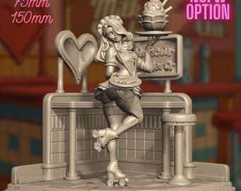 Retro Diner Pin-Up Mini | NSFW Option Roller Waitress with Sundae Scene – Sexy Fantasy Display Piece for Dioramas | By Gaz Mini's