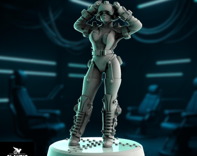 Female Cyberpunk Hacker Mini | Sci-fi VR Pilot or Navigator Simulation Miniature for Futuristic RPGs | By Claudio Casini Art