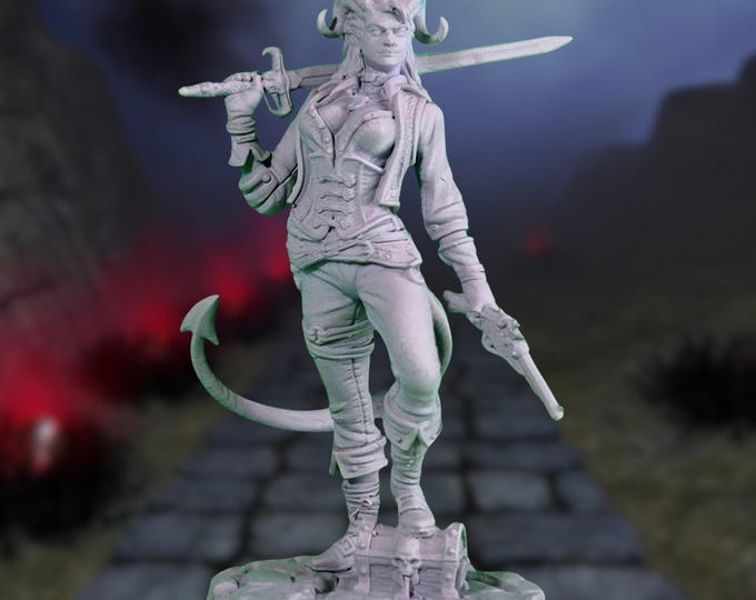 Female Tiefling Warrior  Mini | Large Fiendish Rogue  Miniature | Multiple Scale Options | By DM Stash