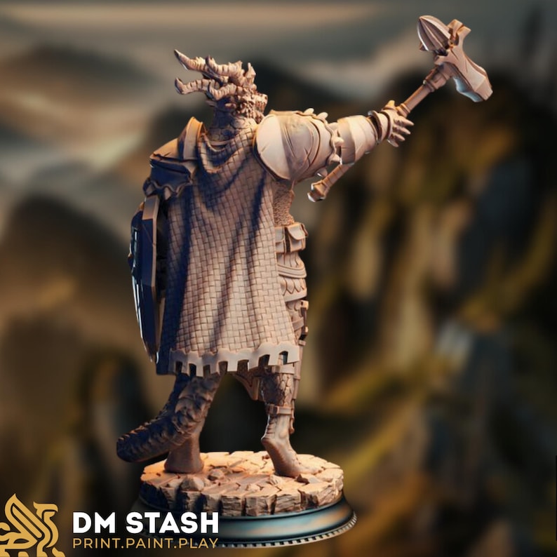 A heroic Dragonborn miniature in an assertive pose, standing with a warhammer raised overhead and a large angular shield braced at his side. Clad in heavy armor with ornate plating and reinforced greaves, the figure displays intricate sculpting from the horned crown to the cracked stone base beneath his clawed feet. Ideal for cleric, paladin, or boss NPC use in fantasy tabletop games.