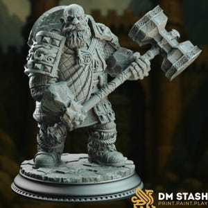 May include: A gray, detailed figurine of a dwarf warrior, holding a large hammer and wearing armor. The figure has a long beard and is standing on a circular base. The figurine is a fantasy-themed item.