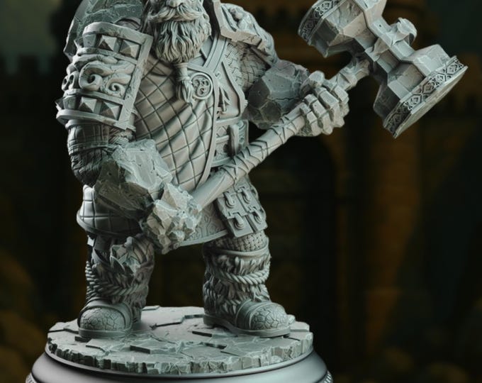 Earth Genasi Dwarf Mini | Elemental Tank with Hammer and Shield by DM Stash