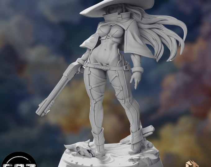 NSFW Outlaw Sorceress Miniature | Wide-Brim Hat Gunslinger Model Kit | 32mm–75mm Fine Resin Display | By Gaz Minis