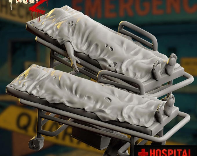Hospital Gurney Terrain Set Minis | Ultramodern Stretcher Miniatures for Post Apocalyptic Survival Horror | By Vaultz