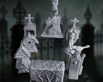 Cemetery Minis Set for  | Tombstones, Angel Statues, Hedge, and Graveyard | Individual Pieces or Full Set | 32mm Scale By DM Stash