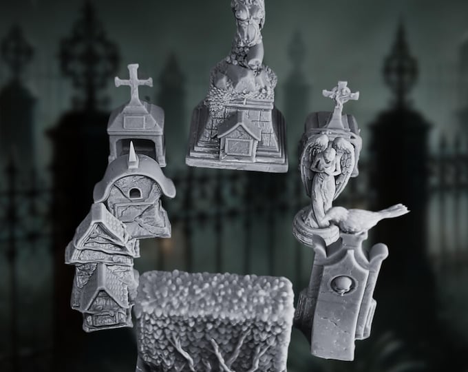 Cemetery Minis Set for  | Tombstones, Angel Statues, Hedge, and Graveyard | Individual Pieces or Full Set | 32mm Scale By DM Stash