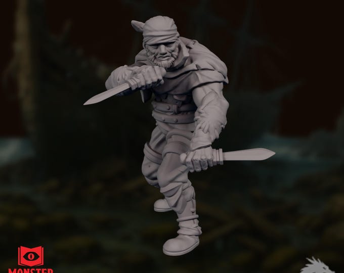 Pirate Rogue Mini | Swashbuckler Miniature | Dual Dagger Cutthroat Fighter | By Monster Atlas
