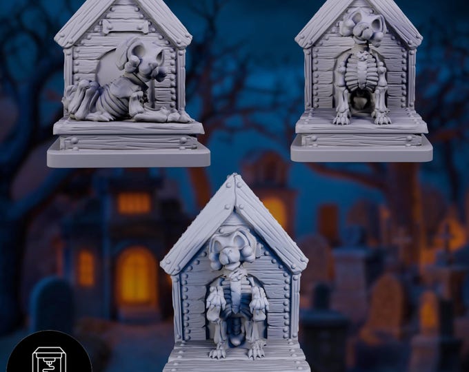Halloween Skeleton Doghouse Figurines | Spooky Resin Puppy Skeletons | Unpainted Miniature Decor or Painting Project | By Nafarrate