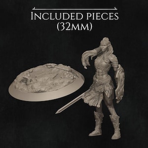 May include: A detailed 3D-printed miniature of a female warrior, complete with armor, a shield, and a sword. The figure stands next to a circular base. The text "INCLUDED PIECES (32MM)" is displayed at the top. The miniature is unpainted.