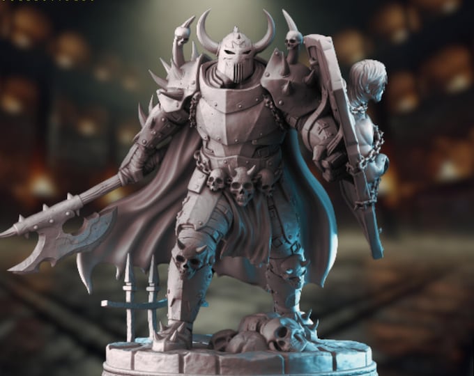 Armored Horned Warlord Miniature: Fantasy Boss with Axe & Shield