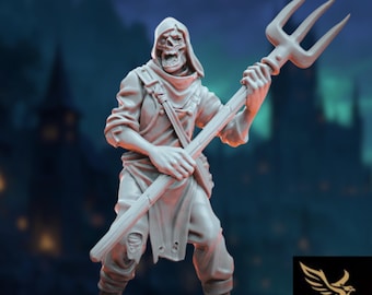 Cursed Villager Miniature | Skeletal Peasant Zombie with Pitchfork | By Tales Keeper