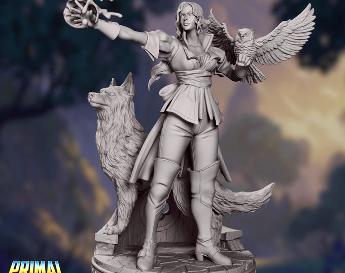 Human Female Druid Mini | Elven Circle of the Moon Druid with Owl and Wolf Companions | By Primal Collectible