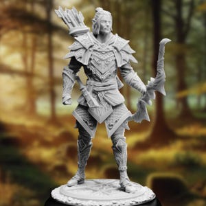 May include: A grey, detailed miniature figurine of an elf archer wearing armour and holding a bow and arrow. The figurine is standing on a round base.