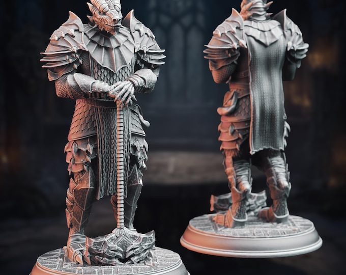 Armored Dragonborn Mini | Paladin or Cleric Miniature | Dragon Knight with Warhammer and Cape | By DM Stash