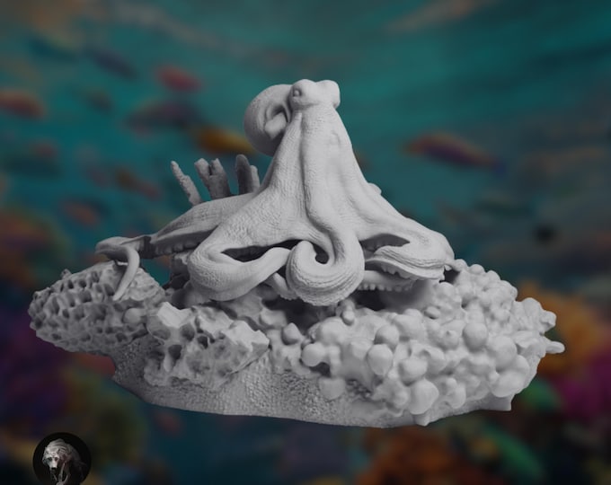 Octopus on Coral Reef | Paintable Resin Sea Creature Sculpture | By Animal Den Miniatures