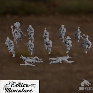 May include: A collection of gray miniature figurines depicting various figures, including Native American chiefs and soldiers. Some figures are standing, while others are in action poses. The Eskice Miniature logo is visible.