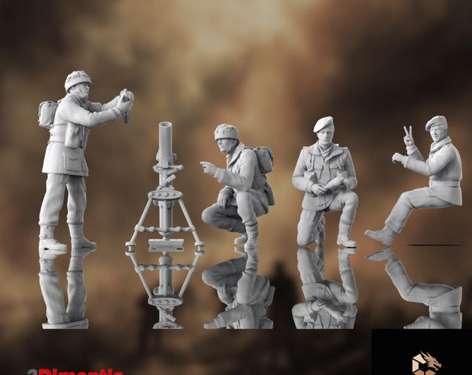 British Paratrooper Squad Minis | Mortar Team Miniature Set | 3Dimontis