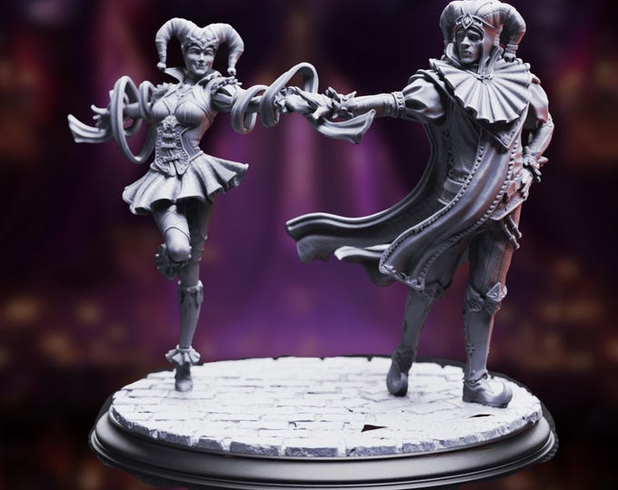 Dancing Jesters Mini Set | Dual Masquerade Performers Miniatures | Male & Female Jester Pair | By DM Stash