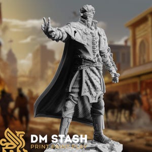 May include: A gray 3D printed miniature of a blindfolded figure wearing a long coat and holding a hand up in a peace sign. The figure is standing on a base with the text "DM STASH PRINT PAINT PLAY" on it.