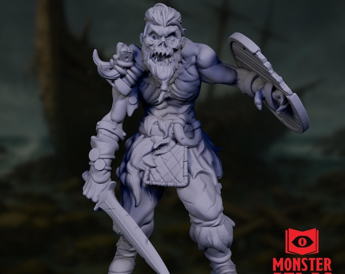 Undead Viking Warrior Mini | Zombie Pirate Fighter Miniature | Shield & Sword NPC | By Monster Atlas