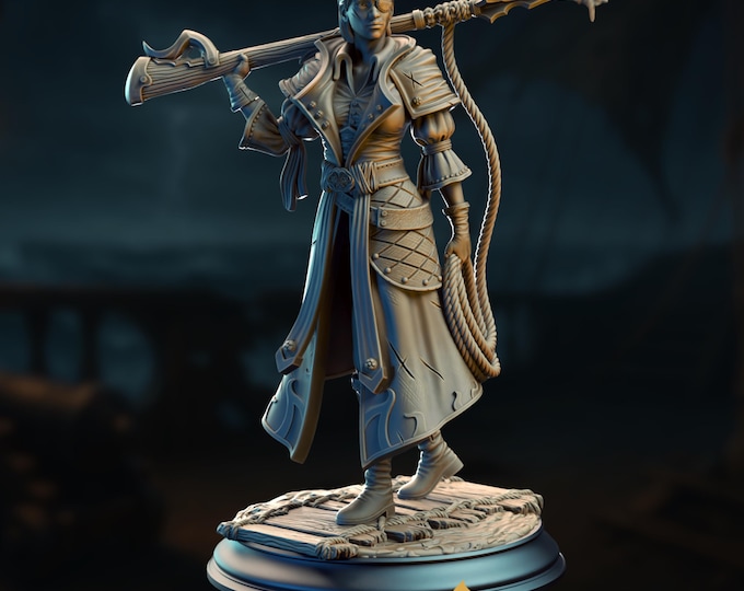 Female Swashbuckler Miniature | Female Pirate Veteran | Harpoon Wielder with Rope Coil | By DM Stash