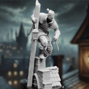 Front view of a Zhentarim Spy miniature ready for action, posed atop a rooftop with stealth and precision.