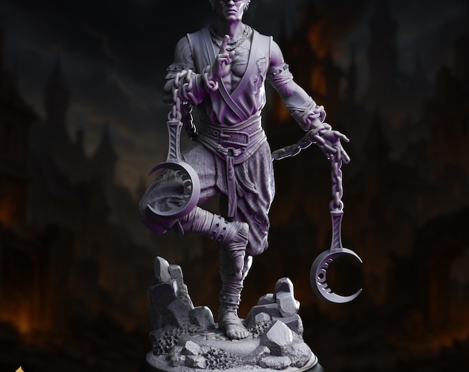 Blind Drow Monk Mini | Way of the Shadows Dark Elf Miniature | Drow Fighter with Chain & Crescent Weapons | By DM Stash