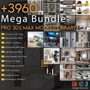 May include: An advertisement for a 3D model library, displaying "+3960 Mega Bundle" and "PRO 3DS MAX MODELS LIBRARY." Categories include furniture, bathroom, children's models, decoration, lighting, kitchen, and other models. A Google Drive link is also present.