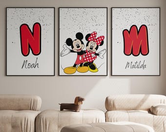 Aangepaste Mickey en Minnie Mouse muurkunst set van 3 prints gepersonaliseerd naambord jongenskamer decor afdrukbaar, aangepaste naamafdruk, decor kinderkamer