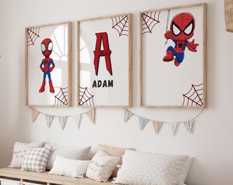 Spiderman Themed Prints Set of 3 Wall Art Nursery Decor Superhero Custom Print Toddler Boy Digital Posters Personalized Name Boys Room Decor