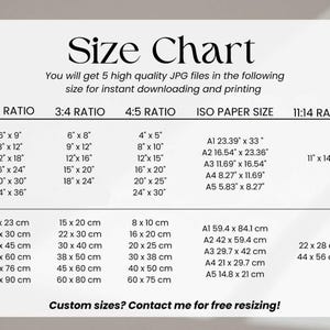 May include: A size chart with various aspect ratios and paper sizes, including 2:3, 3:4, 4:5, ISO, and 11:14. Measurements are listed in inches and centimeters, with options for custom sizes. The text reads "Size Chart".